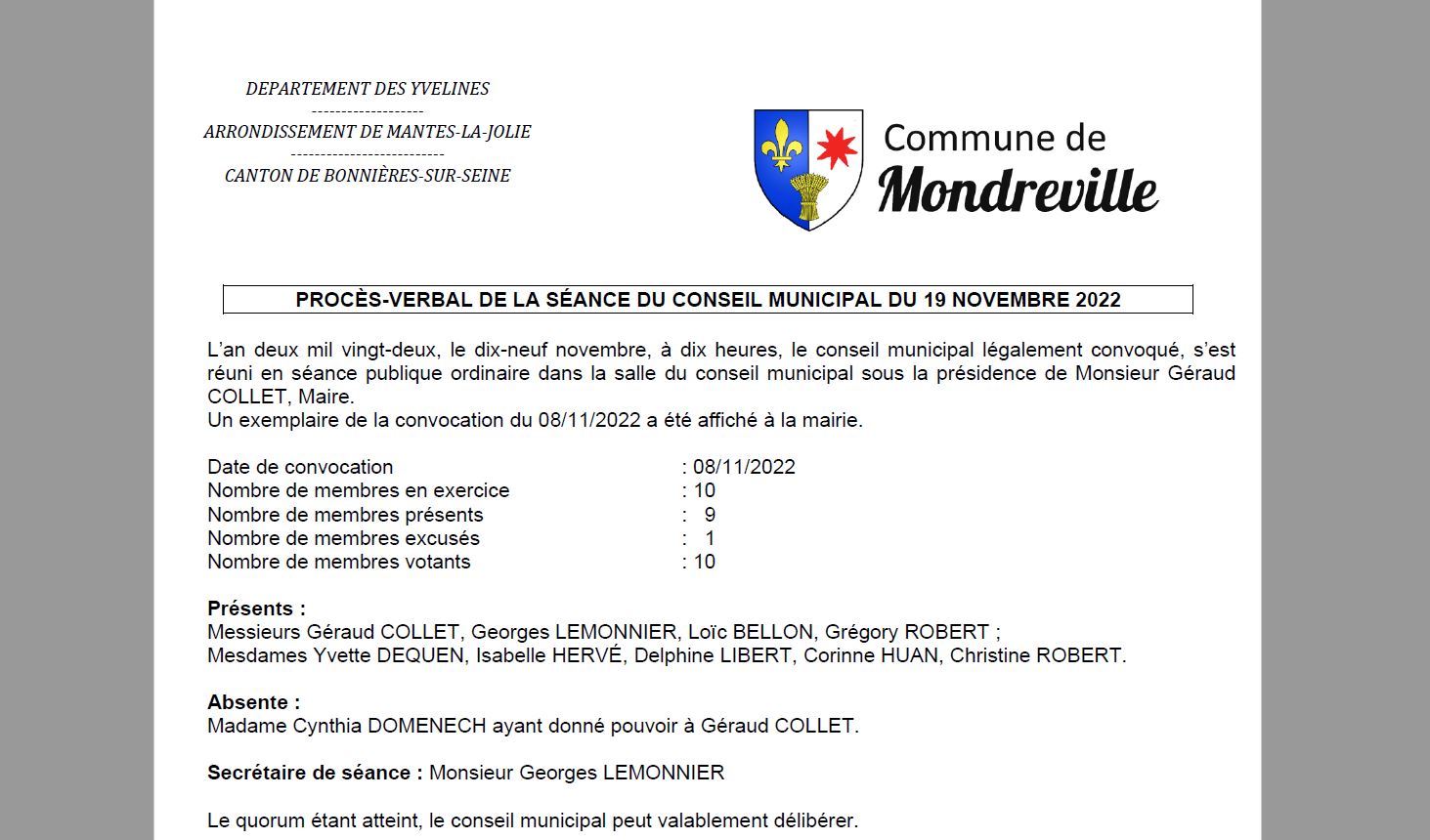 Procès-Verbal de la séance du Conseil Municipal du 19 Novembre 2022