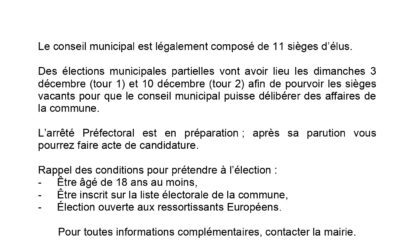 Elections municipales partielles 3 et 10 décembre 2023