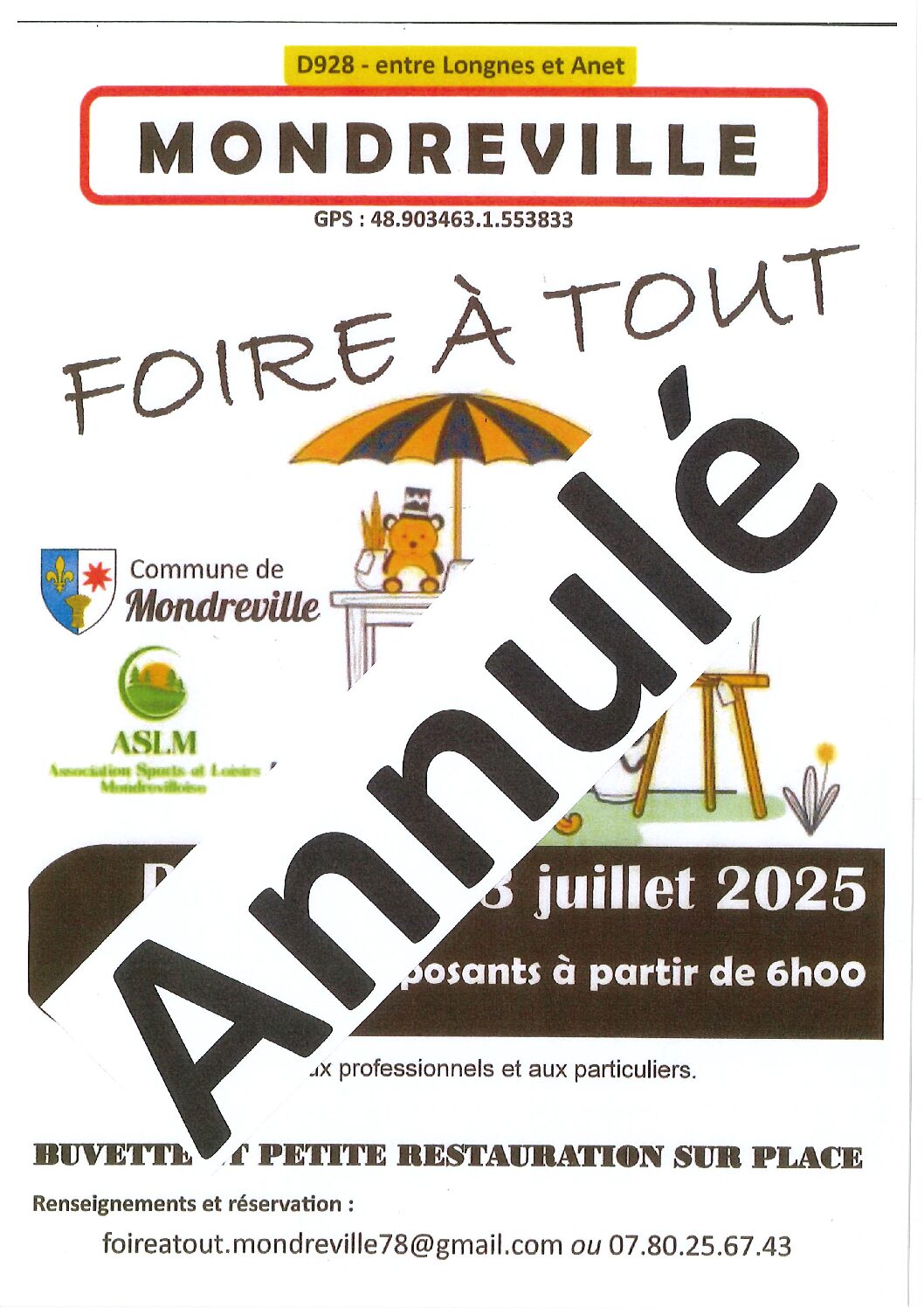 Dimanche 13 juillet 2025 : Foire à tout de Mondreville ANNULÉE