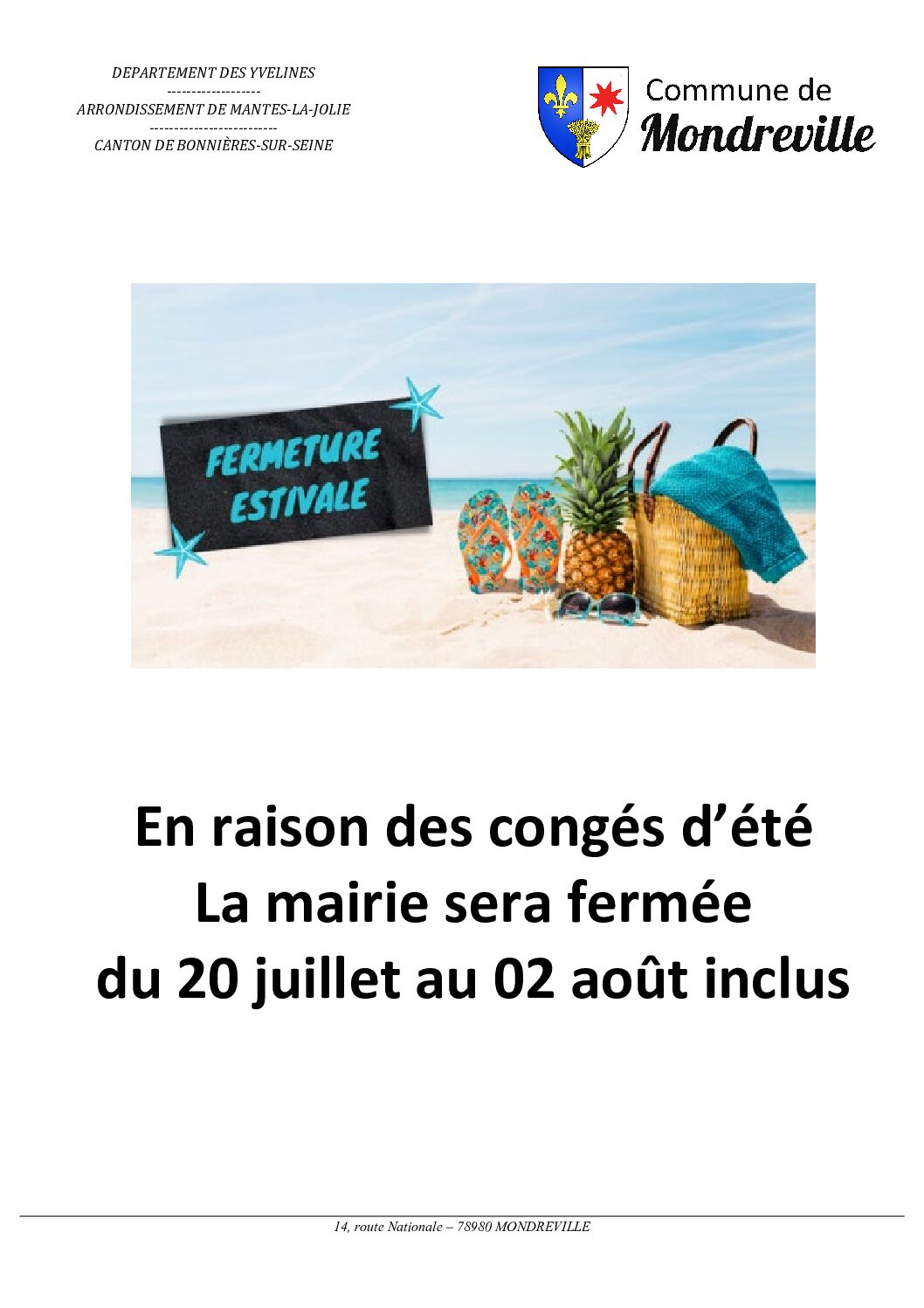 Congés d&rsquo;été : Fermeture de la mairie du 20 juillet au 2 août 2026 inclus