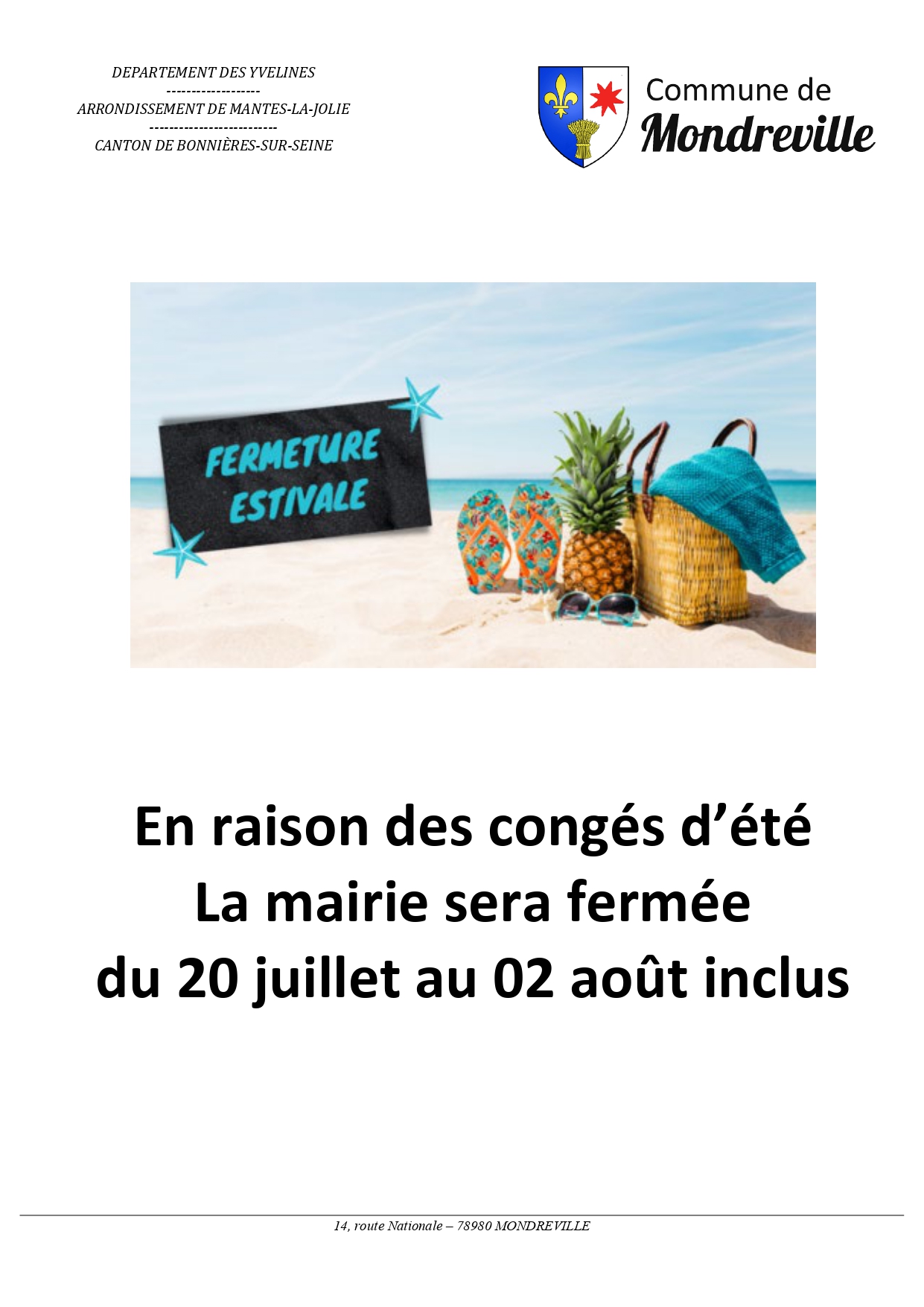 Congés d&rsquo;été : Fermeture de la mairie du 20 juillet au 2 août 2026 inclus